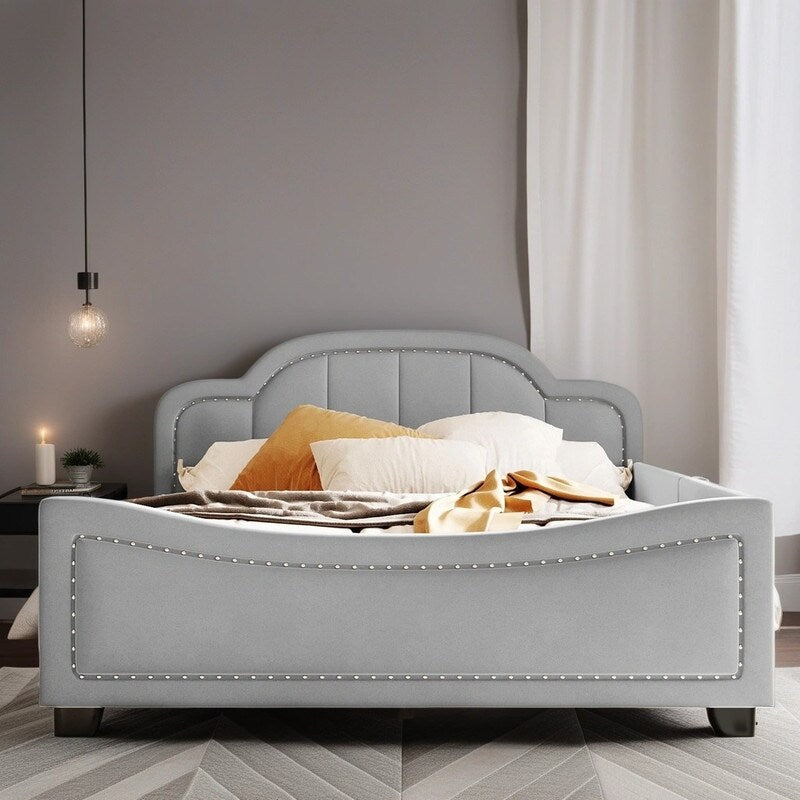 Upholstered Full Size Platform Bed Daybed with Embedded Elegant Copper Nail