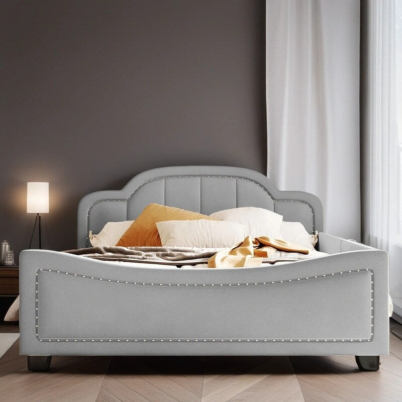 Upholstered Full Size Platform Bed Daybed with Embedded Elegant Copper Nail