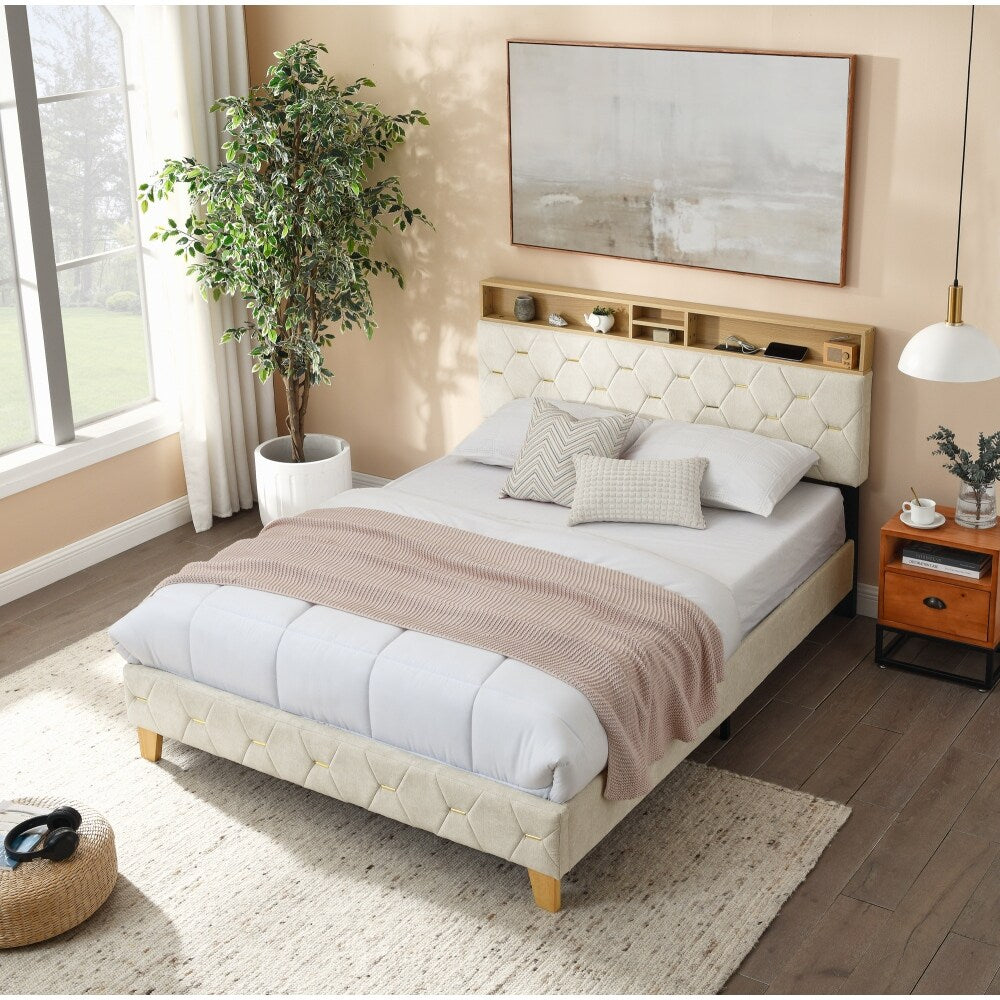 Upholstered Headboard Bed Frame with Outlet and USB Ports, Wood Legs