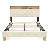 Upholstered Headboard Bed Frame with Outlet and USB Ports, Wood Legs