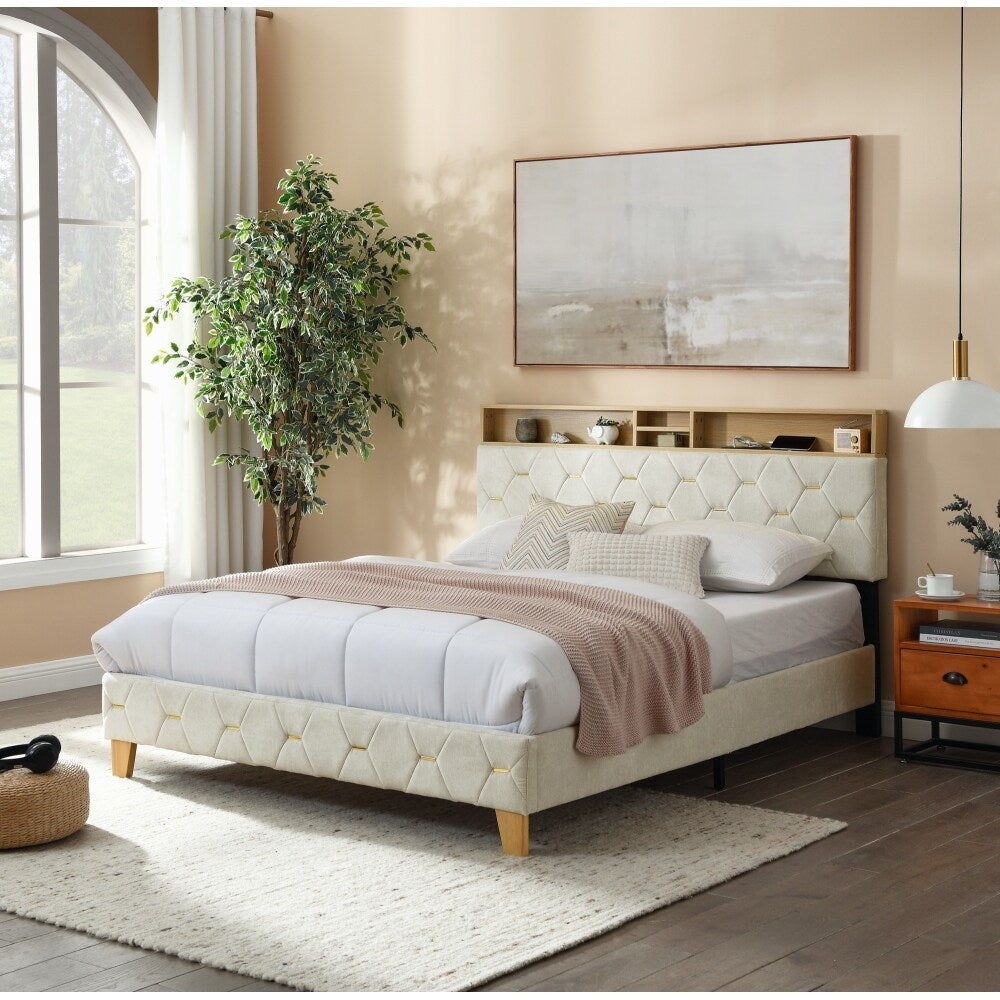 Upholstered Headboard Bed Frame with Outlet and USB Ports, Wood Legs