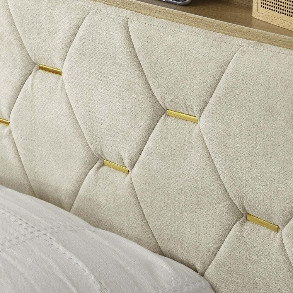 Upholstered Headboard Bed Frame with Outlet and USB Ports, Wood Legs