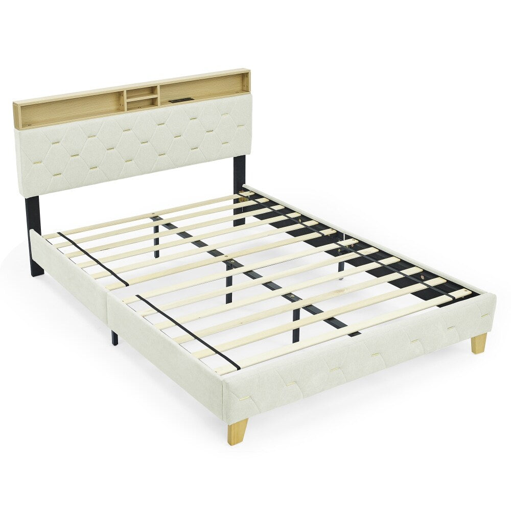 Upholstered Headboard Bed Frame with Outlet and USB Ports, Wood Legs