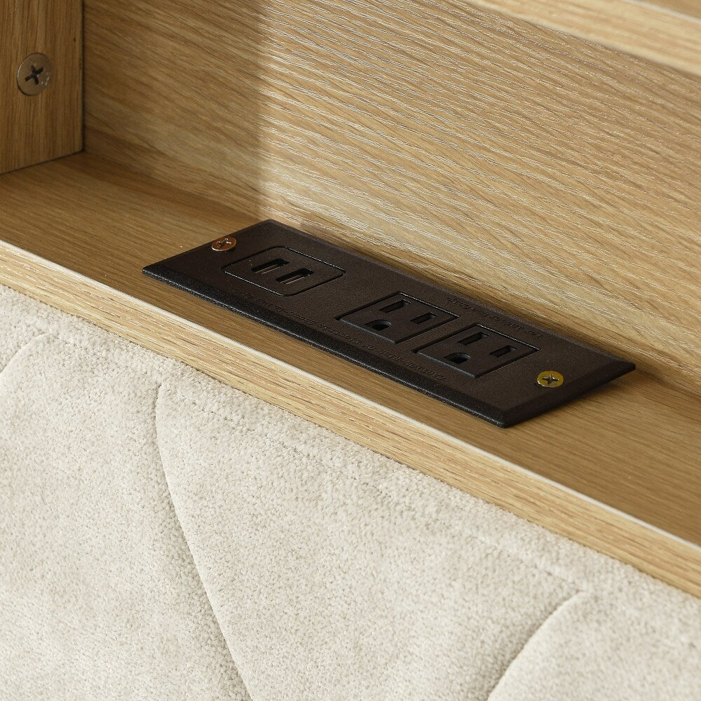 Upholstered Headboard Bed Frame with Outlet and USB Ports, Wood Legs