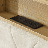 Upholstered Headboard Bed Frame with Outlet and USB Ports, Wood Legs