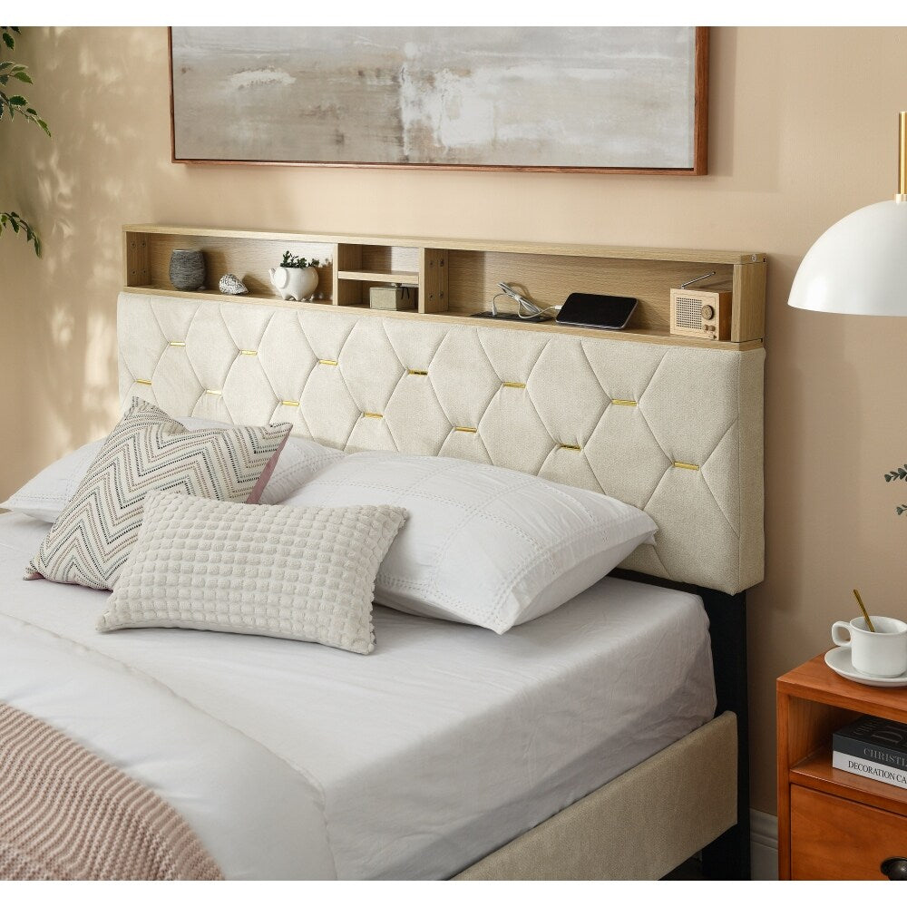 Upholstered Headboard Bed Frame with Outlet and USB Ports, Wood Legs