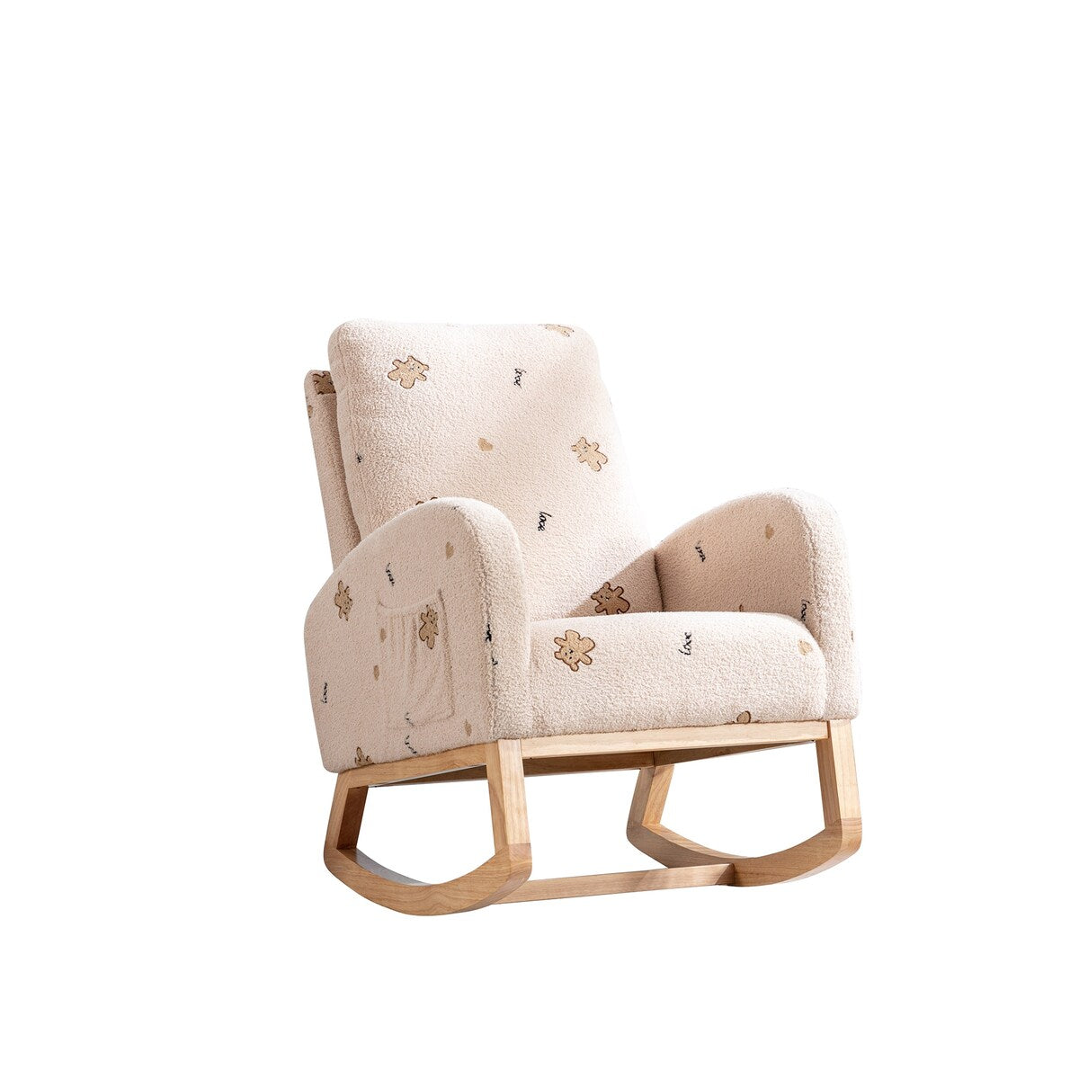 Upholstered High Back Wooden Rocking Chair for Living Room Baby Kids Room Bedroom, Pink Boucle