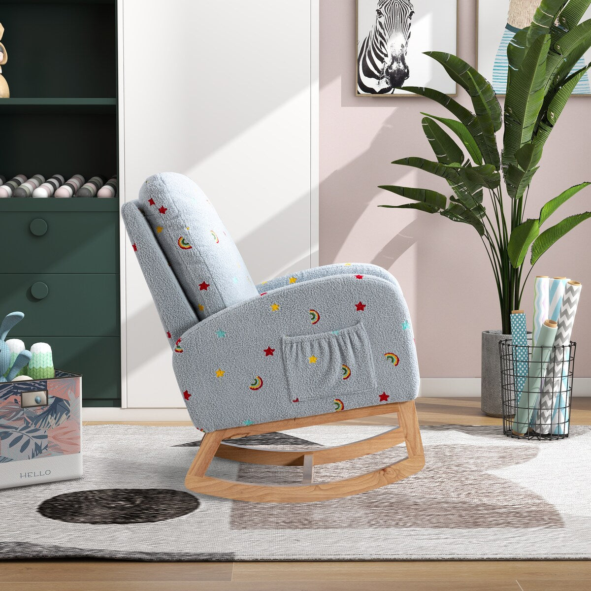 Upholstered High Back Wooden Rocking Chair for Living Room Baby Kids Room Bedroom, Pink Boucle