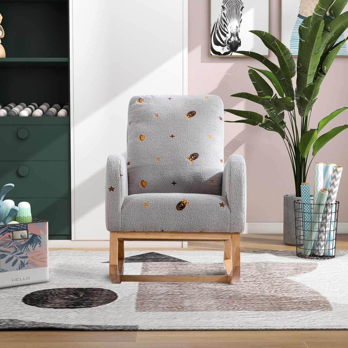 Upholstered High Back Wooden Rocking Chair for Living Room Baby Kids Room Bedroom, Pink Boucle