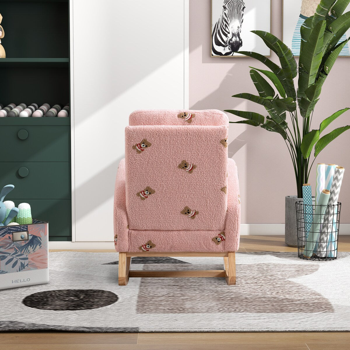 Upholstered High Back Wooden Rocking Chair for Living Room Baby Kids Room Bedroom, Pink Boucle
