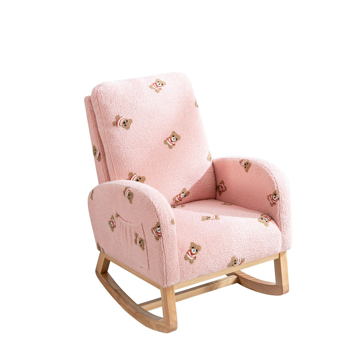 Upholstered High Back Wooden Rocking Chair for Living Room Baby Kids Room Bedroom, Pink Boucle