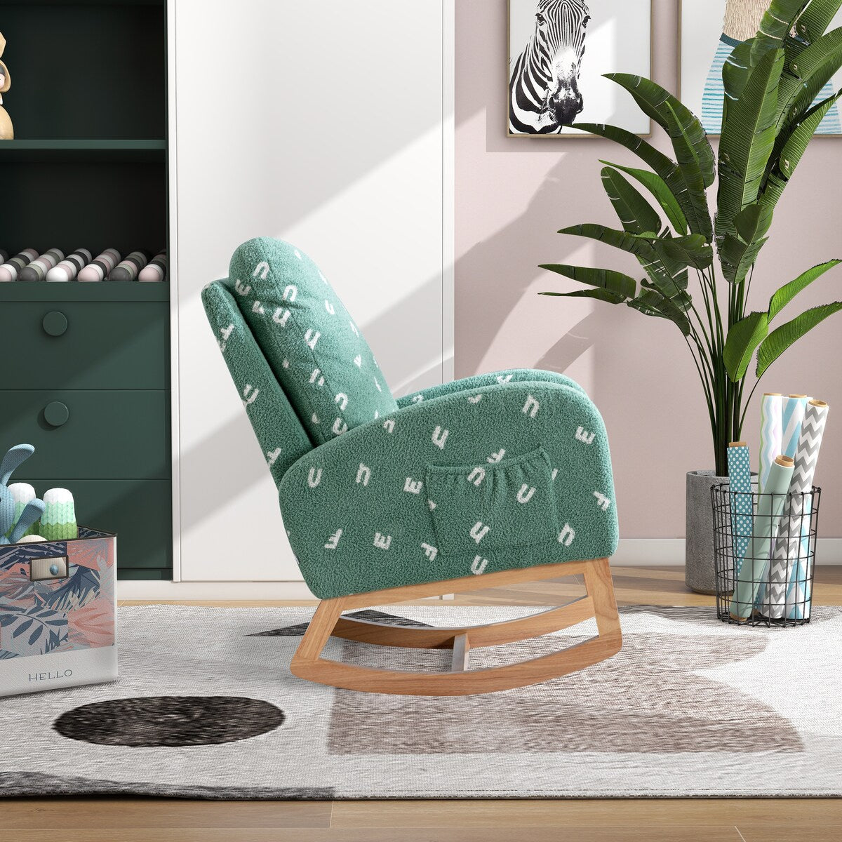 Upholstered High Back Wooden Rocking Chair for Living Room Baby Kids Room Bedroom, Pink Boucle