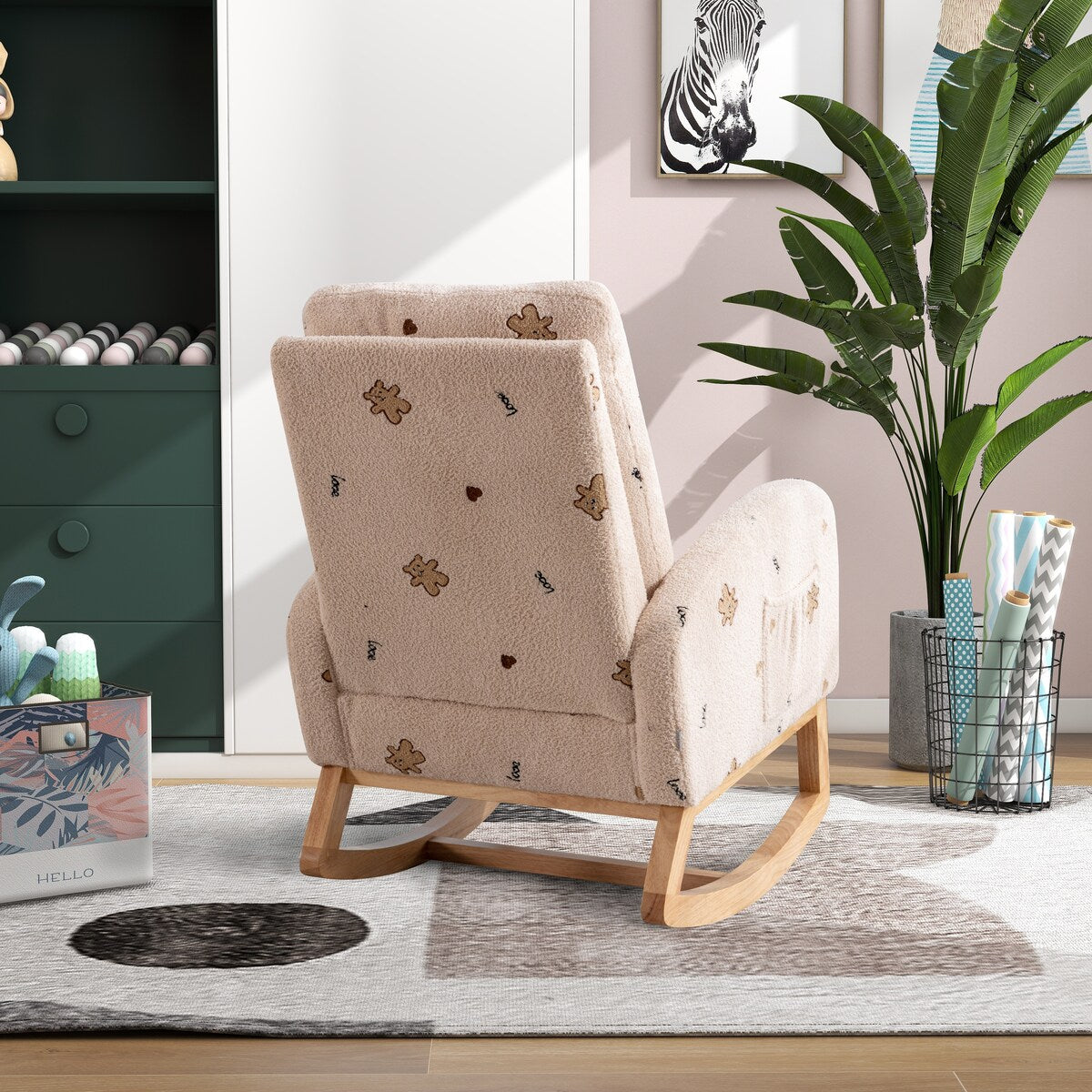 Upholstered High Back Wooden Rocking Chair for Living Room Baby Kids Room Bedroom, Pink Boucle