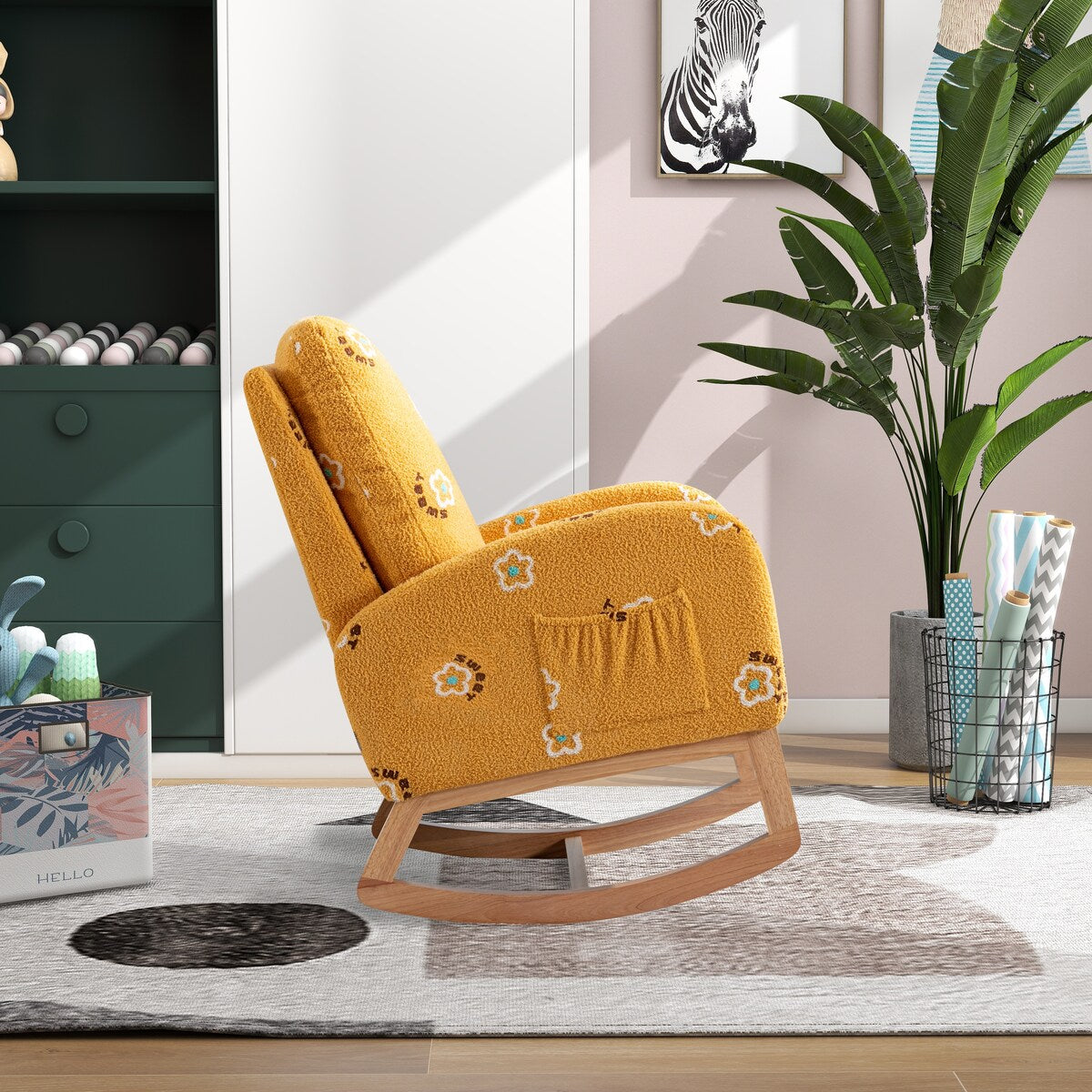 Upholstered High Back Wooden Rocking Chair for Living Room Baby Kids Room Bedroom, Pink Boucle
