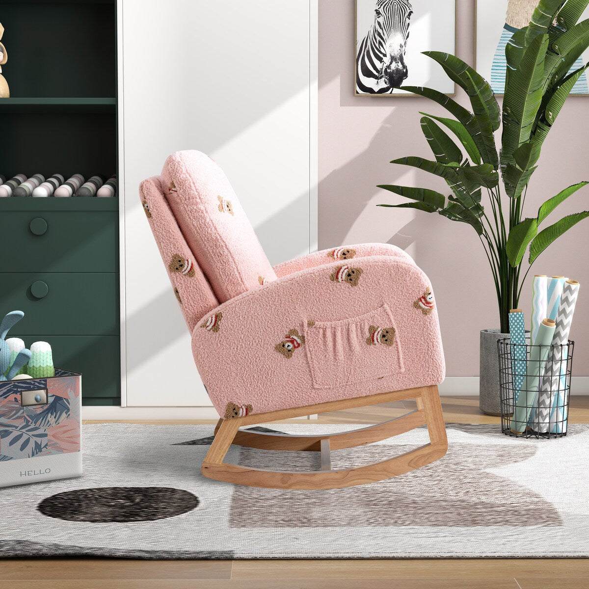 Upholstered High Back Wooden Rocking Chair for Living Room Baby Kids Room Bedroom, Pink Boucle