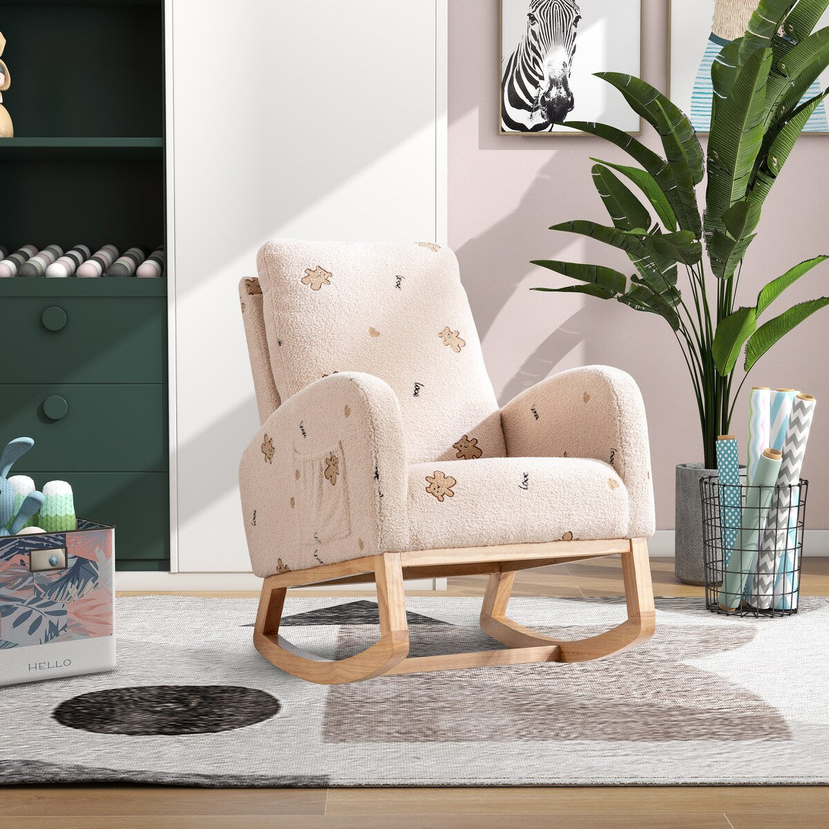 Upholstered High Back Wooden Rocking Chair for Living Room Baby Kids Room Bedroom, Pink Boucle