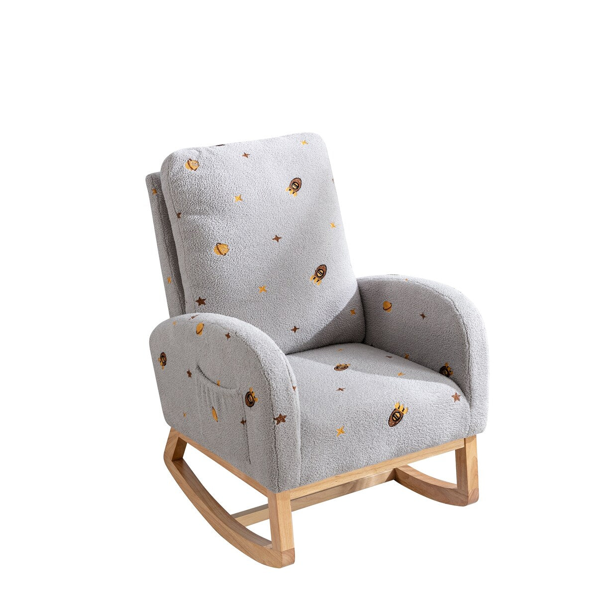 Upholstered High Back Wooden Rocking Chair for Living Room Baby Kids Room Bedroom, Pink Boucle