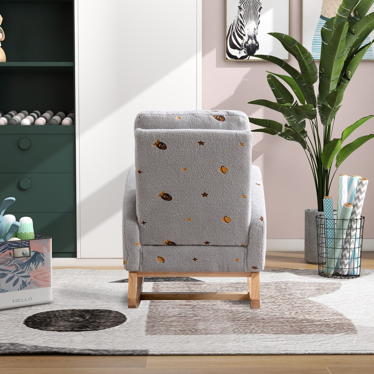Upholstered High Back Wooden Rocking Chair for Living Room Baby Kids Room Bedroom, Pink Boucle