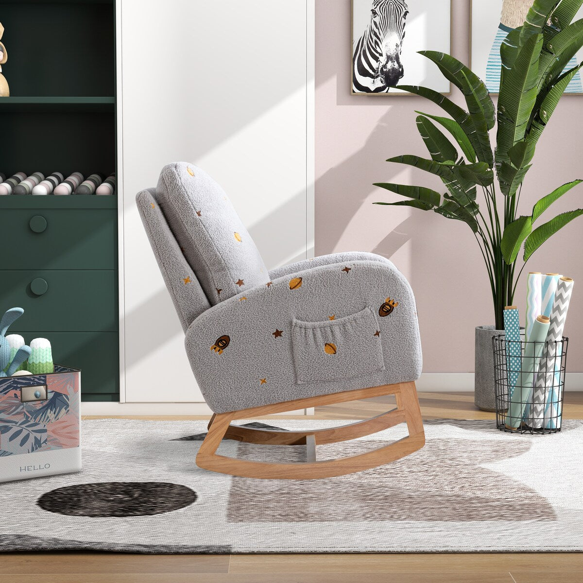 Upholstered High Back Wooden Rocking Chair for Living Room Baby Kids Room Bedroom, Pink Boucle