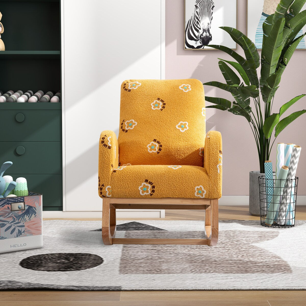 Upholstered High Back Wooden Rocking Chair for Living Room Baby Kids Room Bedroom, Pink Boucle