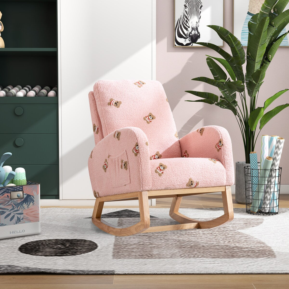 Upholstered High Back Wooden Rocking Chair for Living Room Baby Kids Room Bedroom, Pink Boucle