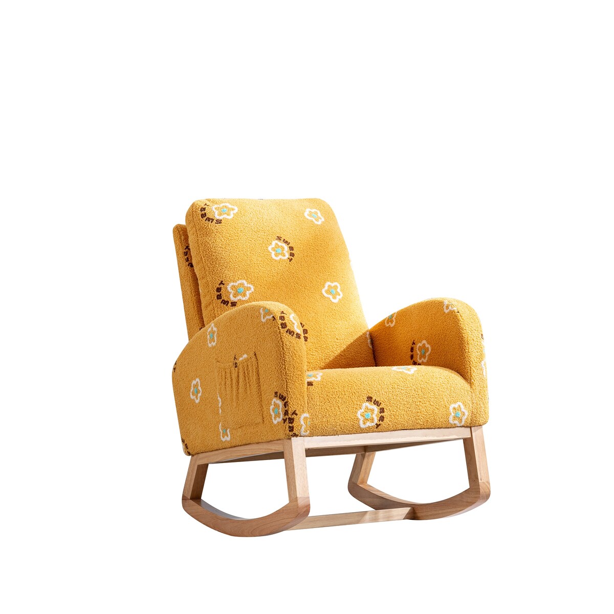 Upholstered High Back Wooden Rocking Chair for Living Room Baby Kids Room Bedroom, Pink Boucle