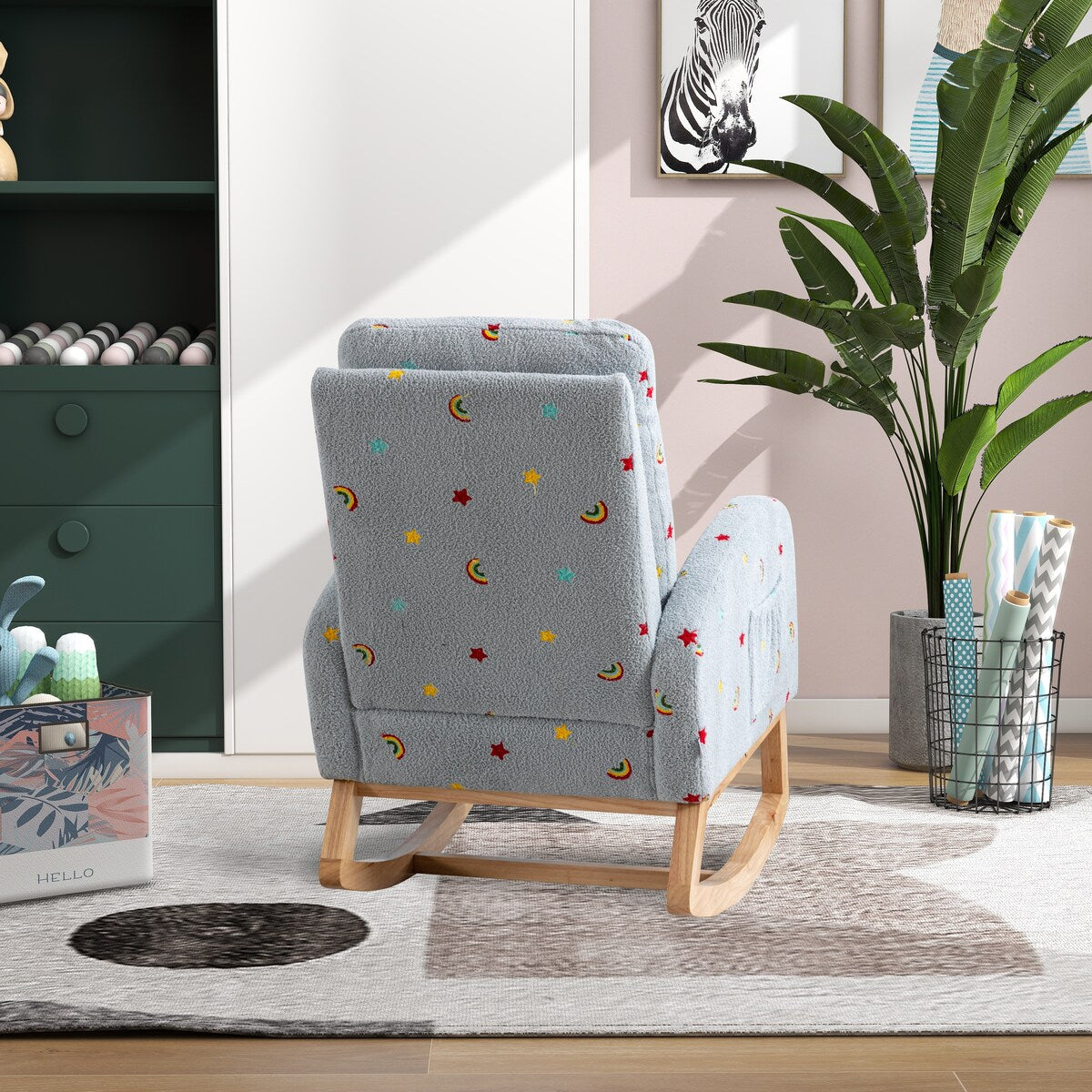 Upholstered High Back Wooden Rocking Chair for Living Room Baby Kids Room Bedroom, Pink Boucle