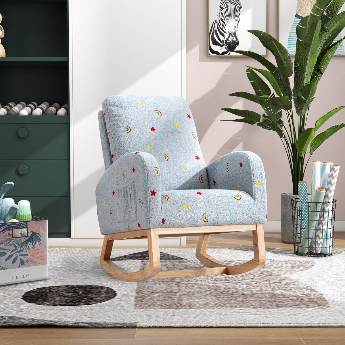 Upholstered High Back Wooden Rocking Chair for Living Room Baby Kids Room Bedroom, Pink Boucle