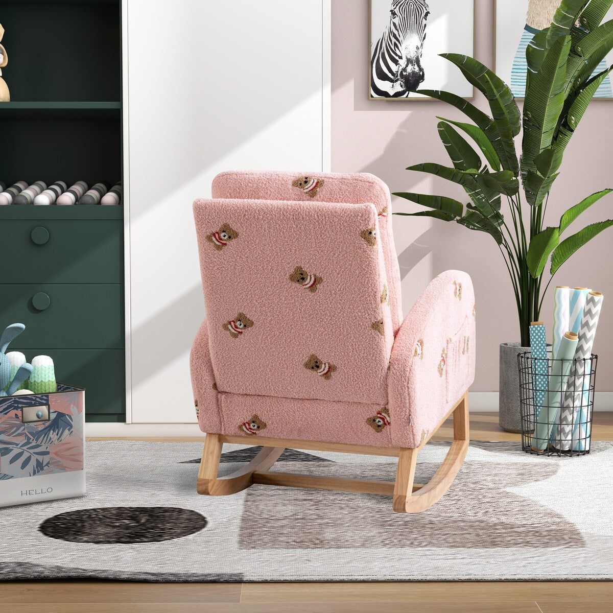 Upholstered High Back Wooden Rocking Chair for Living Room Baby Kids Room Bedroom, Pink Boucle