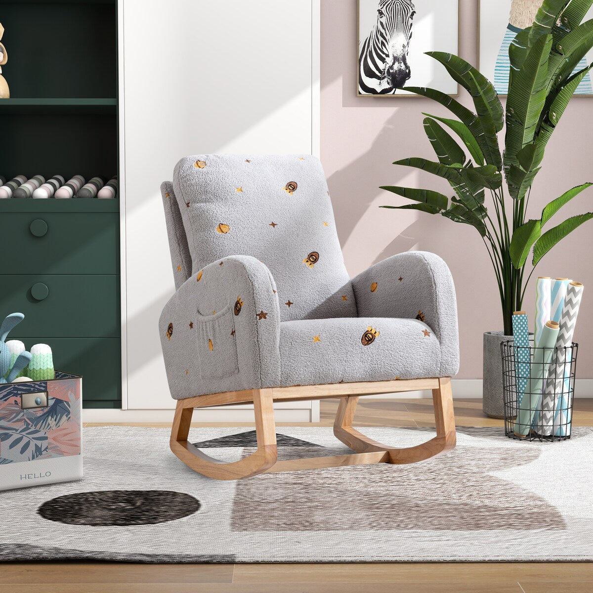 Upholstered High Back Wooden Rocking Chair for Living Room Baby Kids Room Bedroom, Pink Boucle