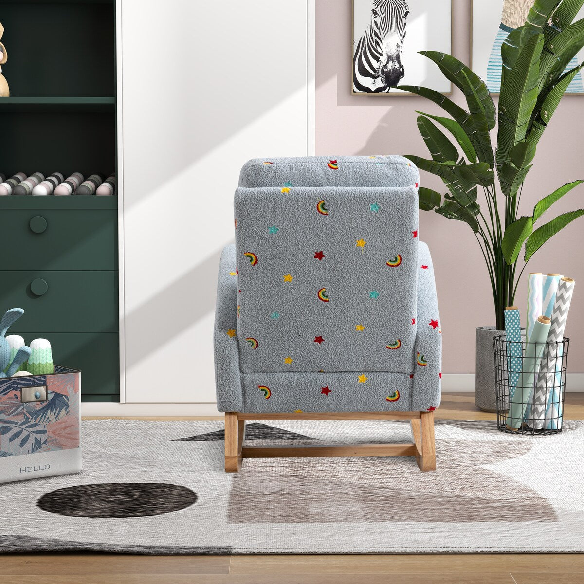 Upholstered High Back Wooden Rocking Chair for Living Room Baby Kids Room Bedroom, Pink Boucle