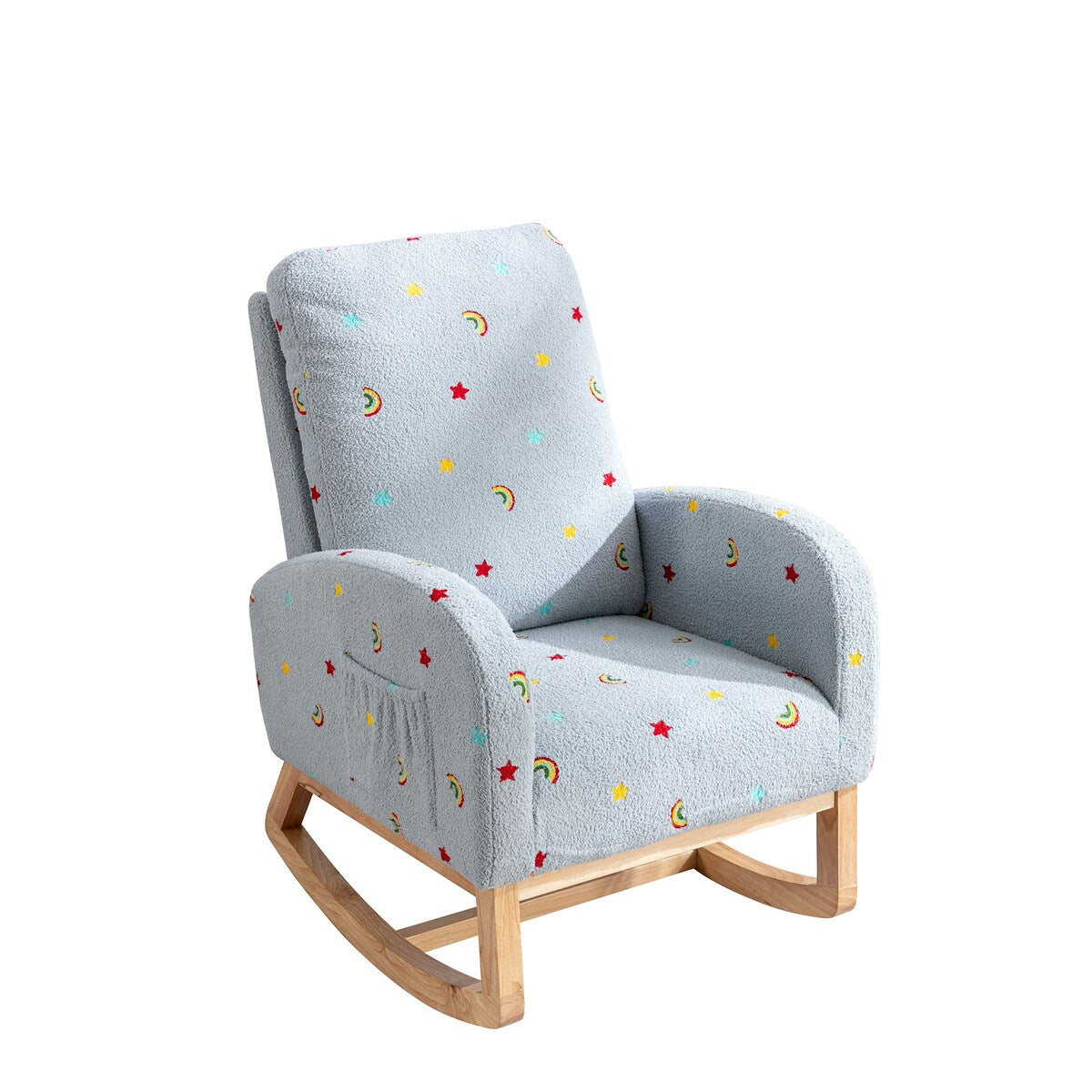 Upholstered High Back Wooden Rocking Chair for Living Room Baby Kids Room Bedroom, Pink Boucle