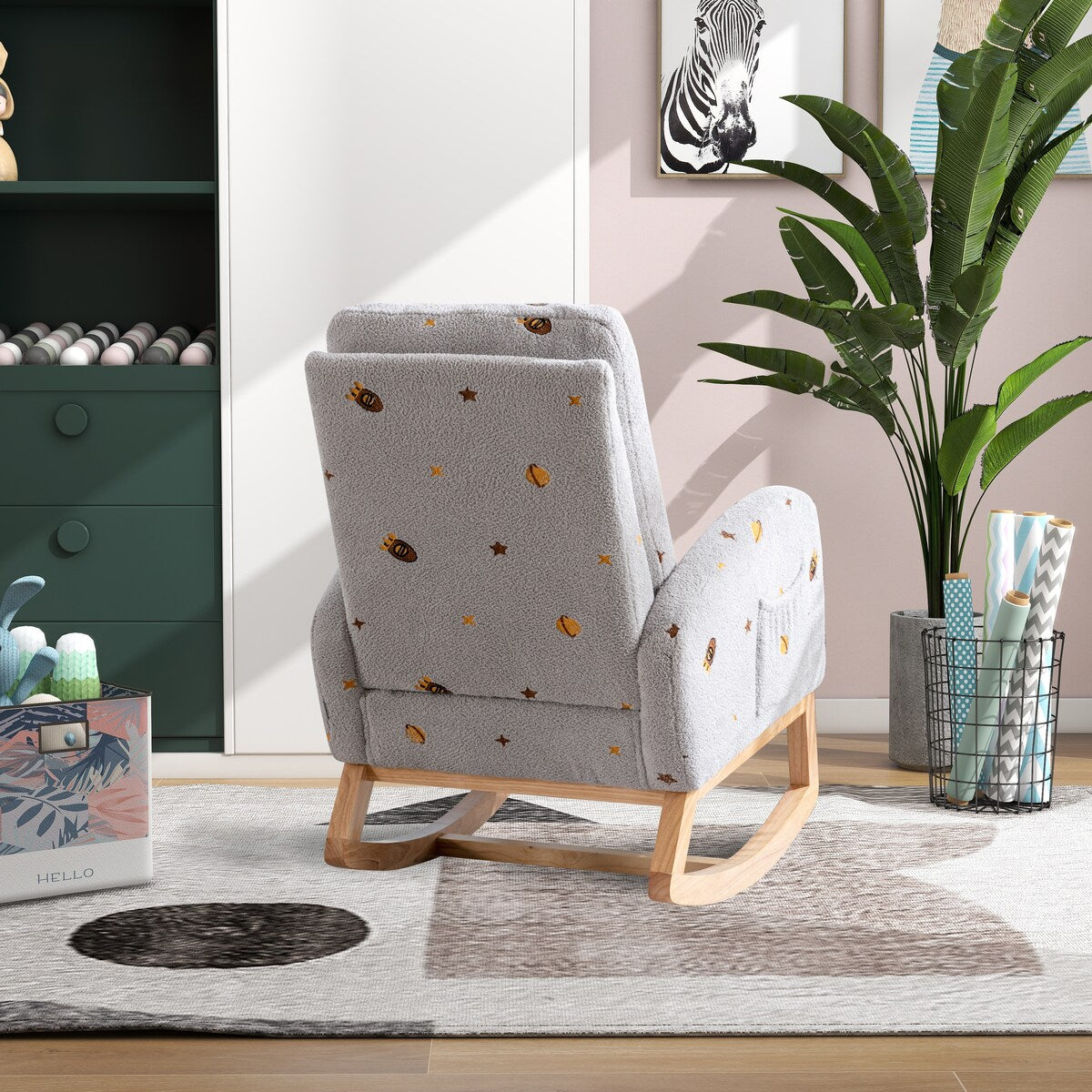 Upholstered High Back Wooden Rocking Chair for Living Room Baby Kids Room Bedroom, Pink Boucle