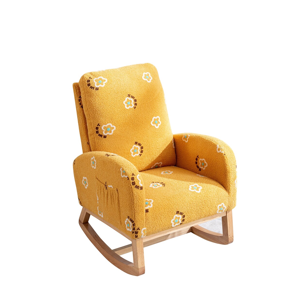 Upholstered High Back Wooden Rocking Chair for Living Room Baby Kids Room Bedroom, Pink Boucle