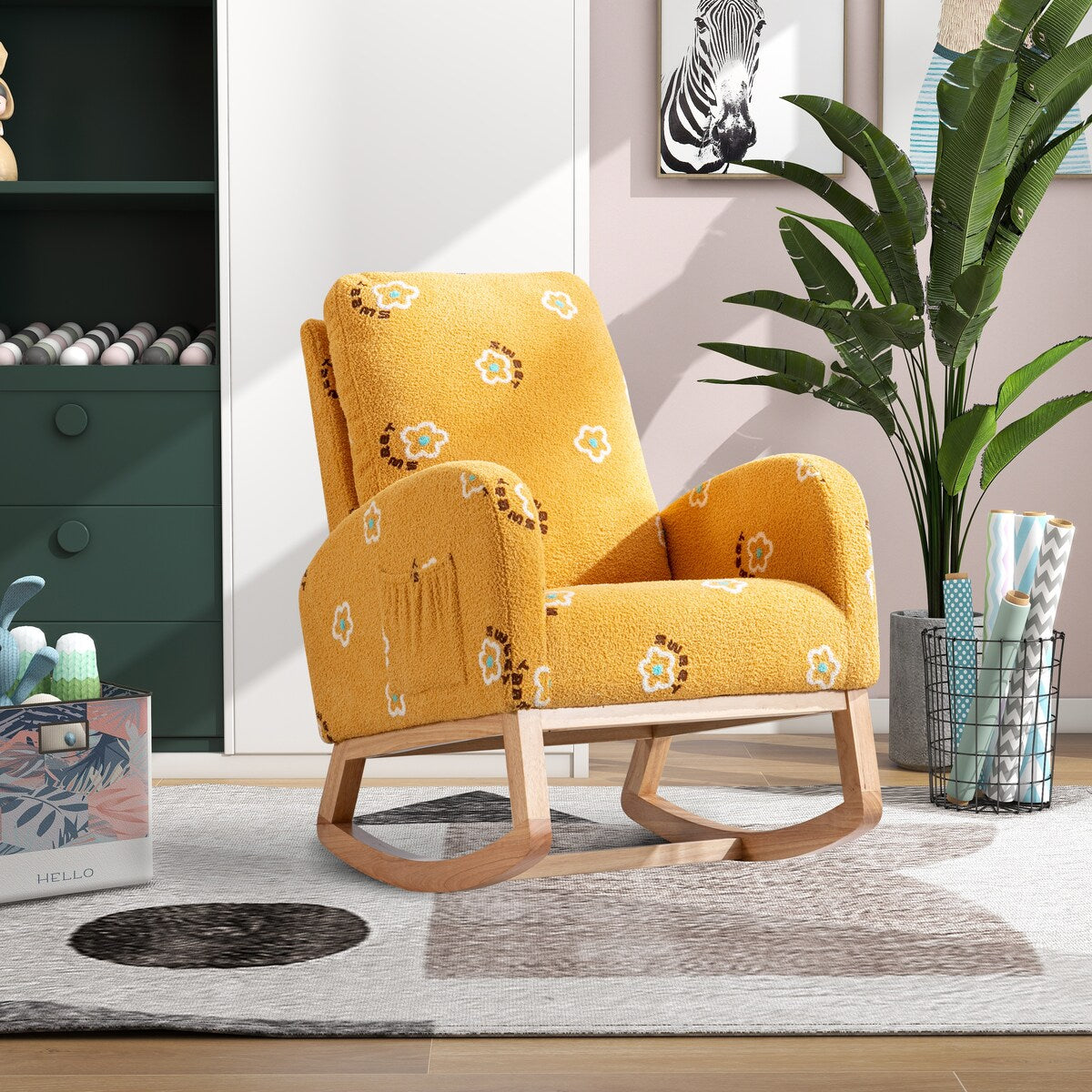 Upholstered High Back Wooden Rocking Chair for Living Room Baby Kids Room Bedroom, Pink Boucle