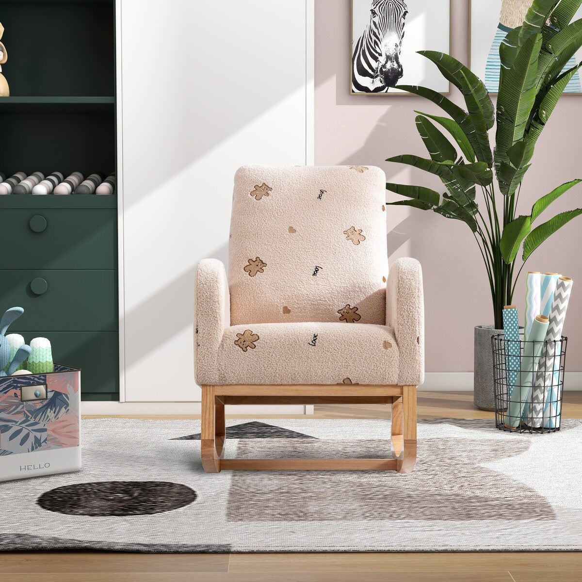 Upholstered High Back Wooden Rocking Chair for Living Room Baby Kids Room Bedroom, Pink Boucle