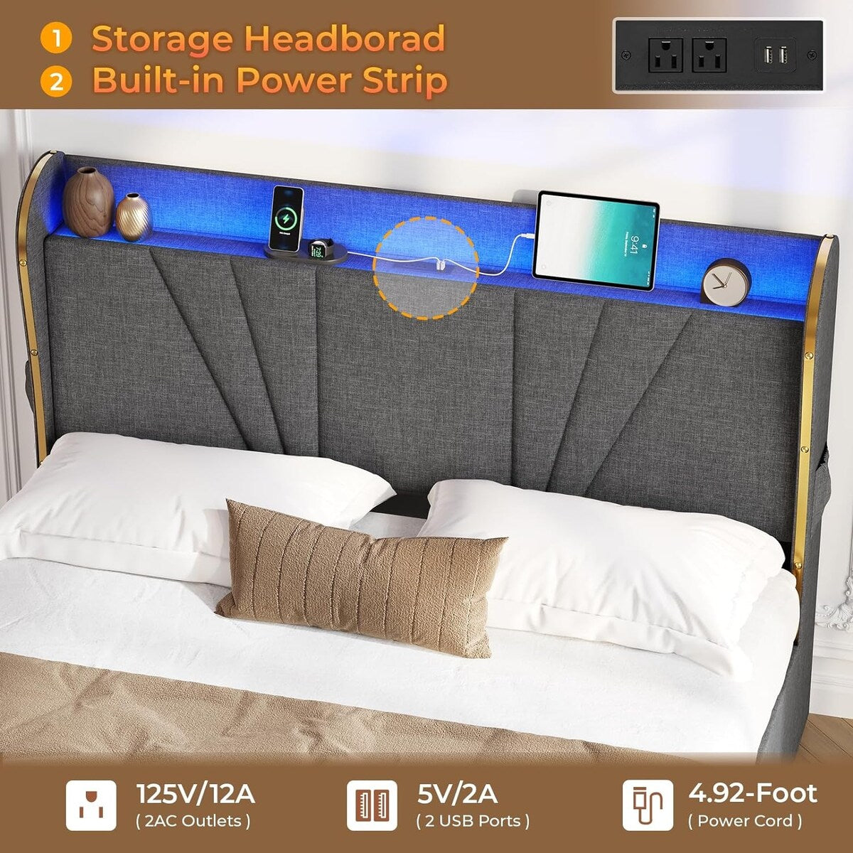 Upholstered LED Bed Frame with Storage Headboard & Charging Station