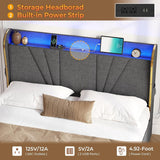 Upholstered LED Bed Frame with Storage Headboard & Charging Station