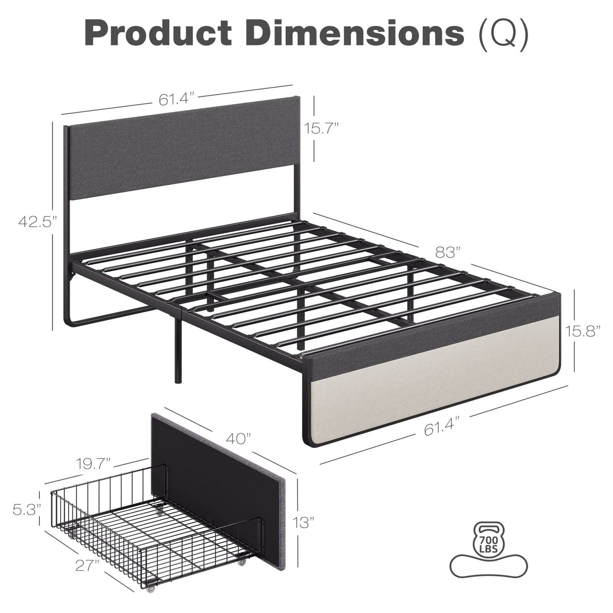 Upholstered Platform Bed Frame with 2 Storage Drawers