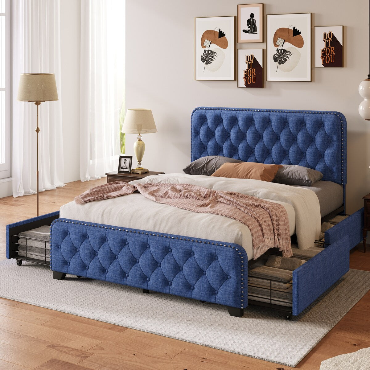 Upholstered Platform Bed Frame with Four Drawers Button Tufted Headbo