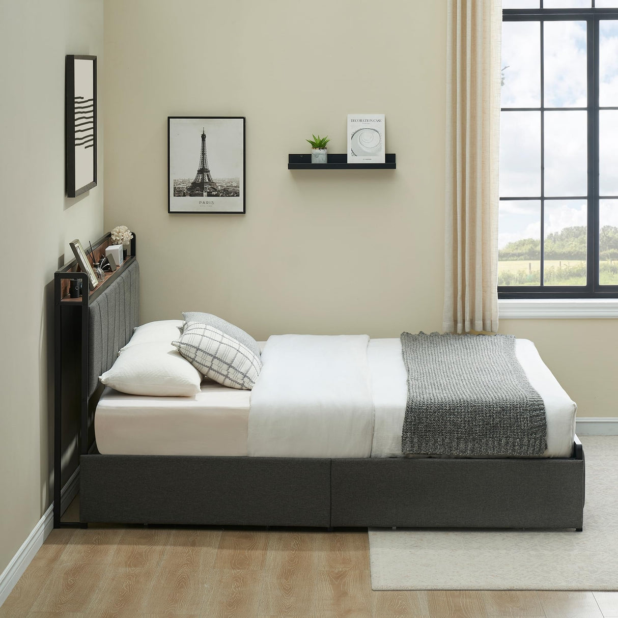 Upholstered Platform Bed Frame with Storage Headboard and Charging Station