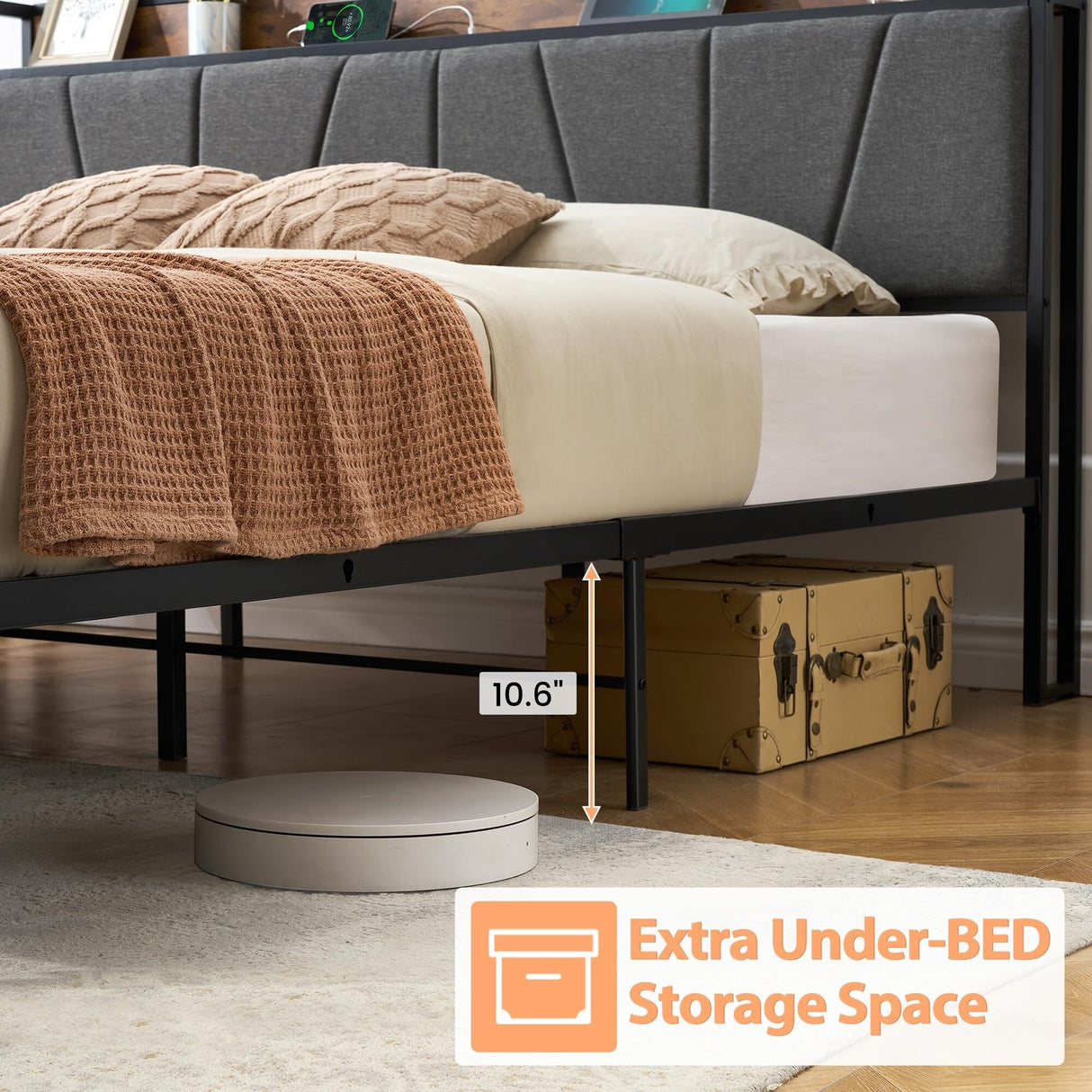 Upholstered Platform Bed Frame with Storage Headboard and Charging Station