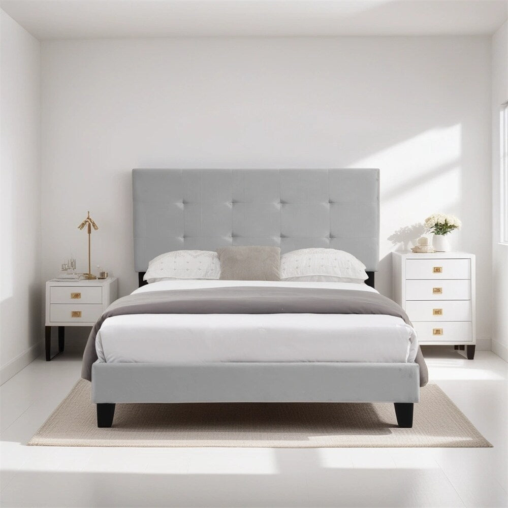 Upholstered Platform Bed Frame with pull point Tufted Headboard,Queen