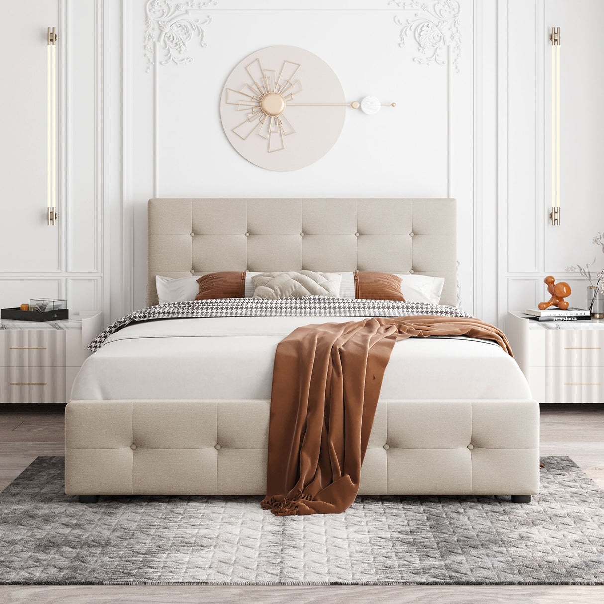 Upholstered Platform Bed with Classic Headboard and 4 Drawers, No Box Spring Needed, Linen Fabric, Queen Size