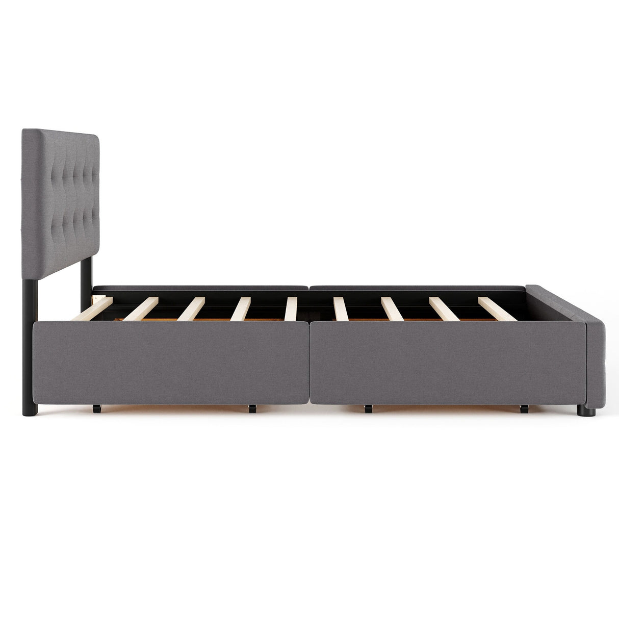 Upholstered Platform Bed with Classic Headboard and 4 Drawers, No Box Spring Needed, Linen Fabric, Queen Size