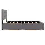 Upholstered Platform Bed with Classic Headboard and 4 Drawers, No Box Spring Needed, Linen Fabric, Queen Size