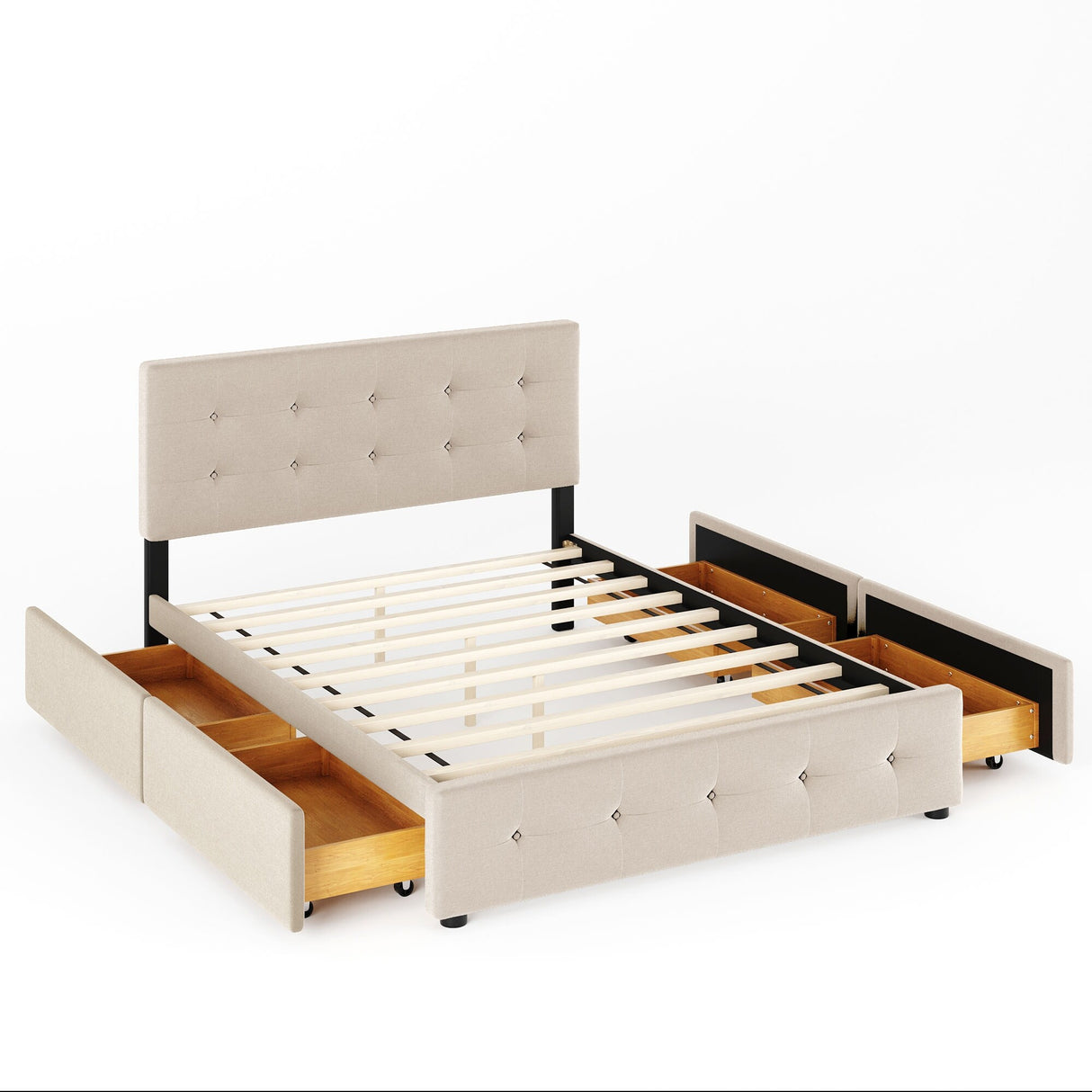 Upholstered Platform Bed with Classic Headboard and 4 Drawers, No Box Spring Needed, Linen Fabric, Queen Size