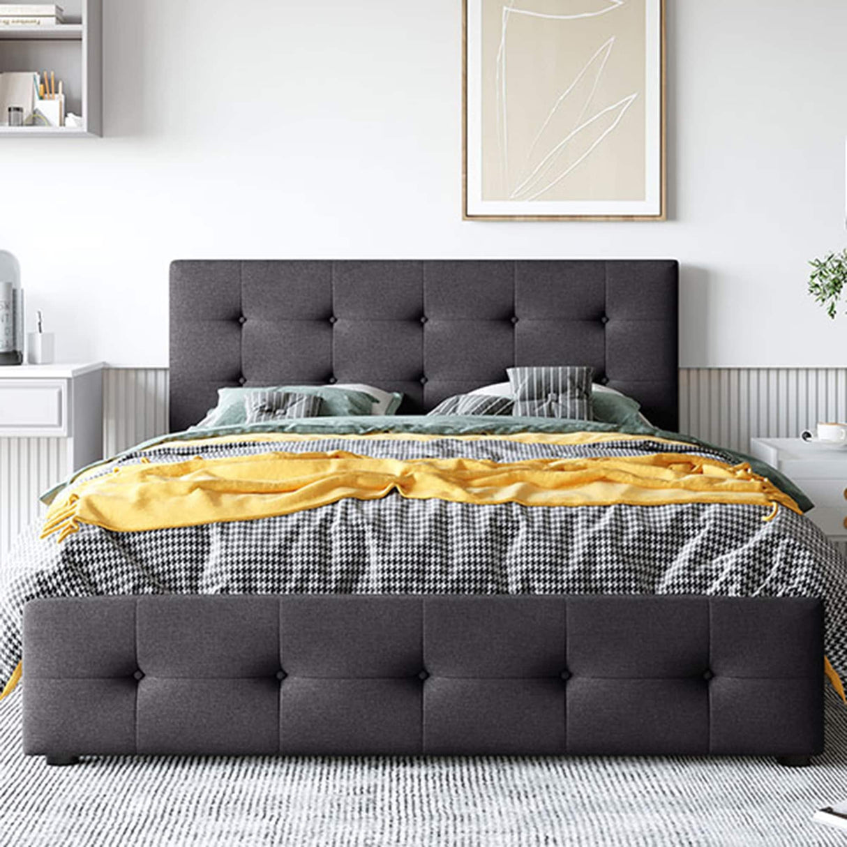 Upholstered Platform Bed with Classic Headboard and 4 Drawers, No Box Spring Needed, Linen Fabric, Queen Size