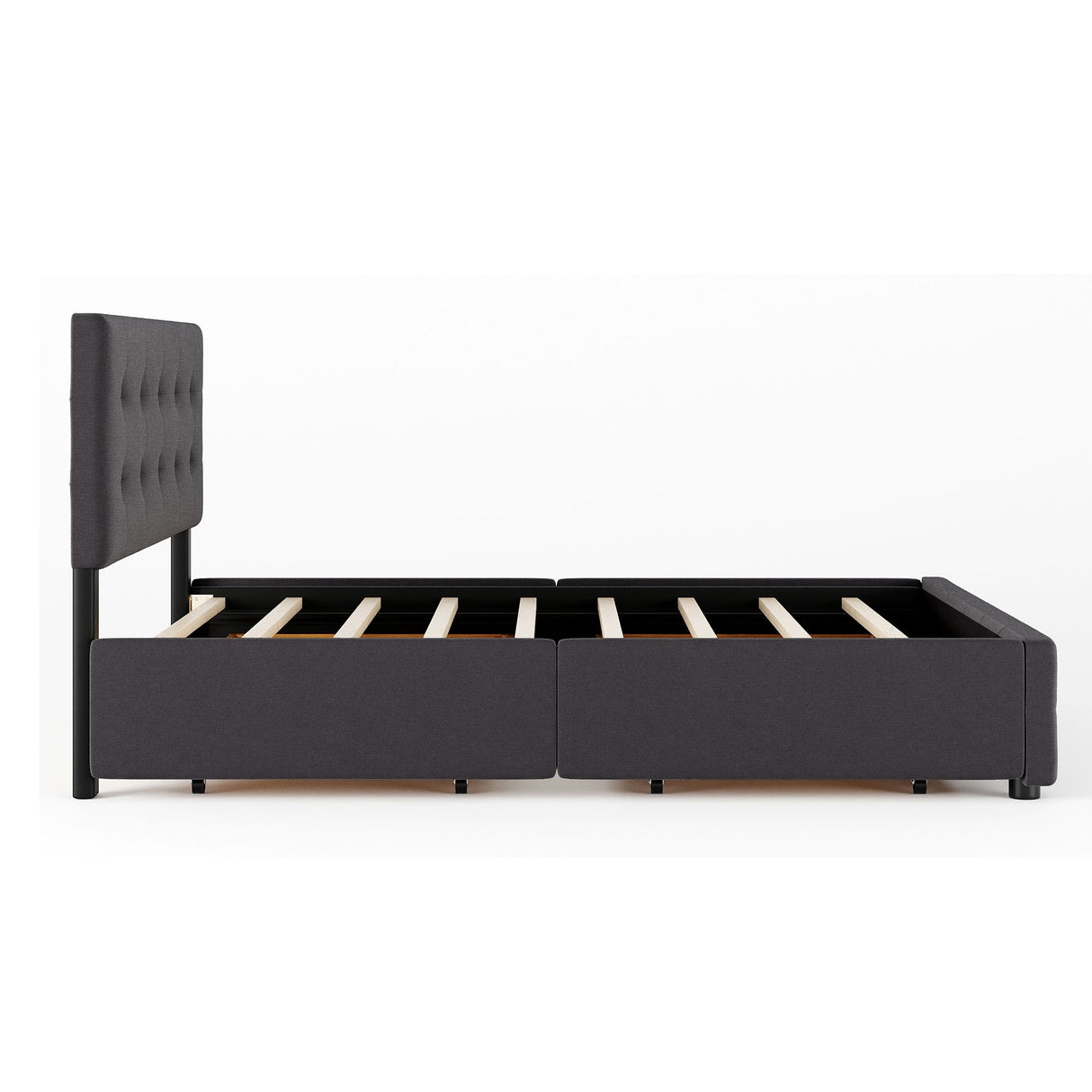 Upholstered Platform Bed with Classic Headboard and 4 Drawers, No Box Spring Needed, Linen Fabric, Queen Size