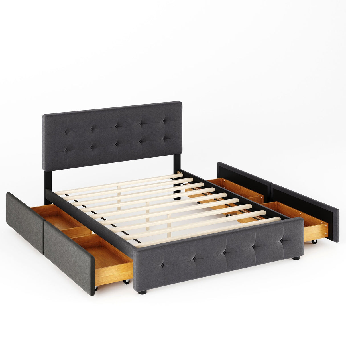 Upholstered Platform Bed with Classic Headboard and 4 Drawers, No Box Spring Needed, Linen Fabric, Queen Size
